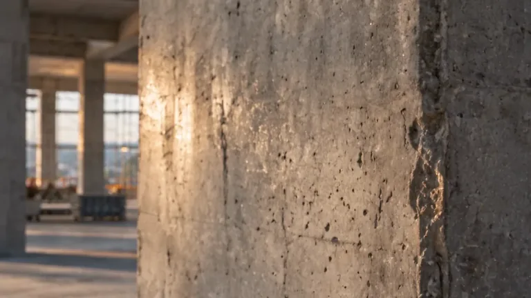 Secuencia conceptual creada con IA: un detalle de concreto revela una estructura amplia