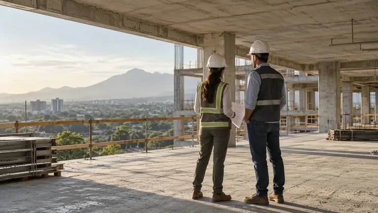 Dos profesionales observan juntos la obra desde una estructura en construcción