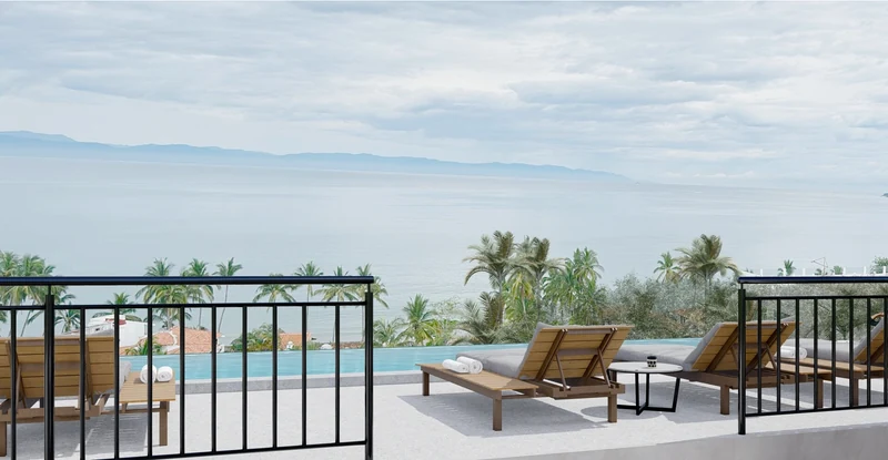 Render: perspectiva de terraza hacia el mar en Las Olas